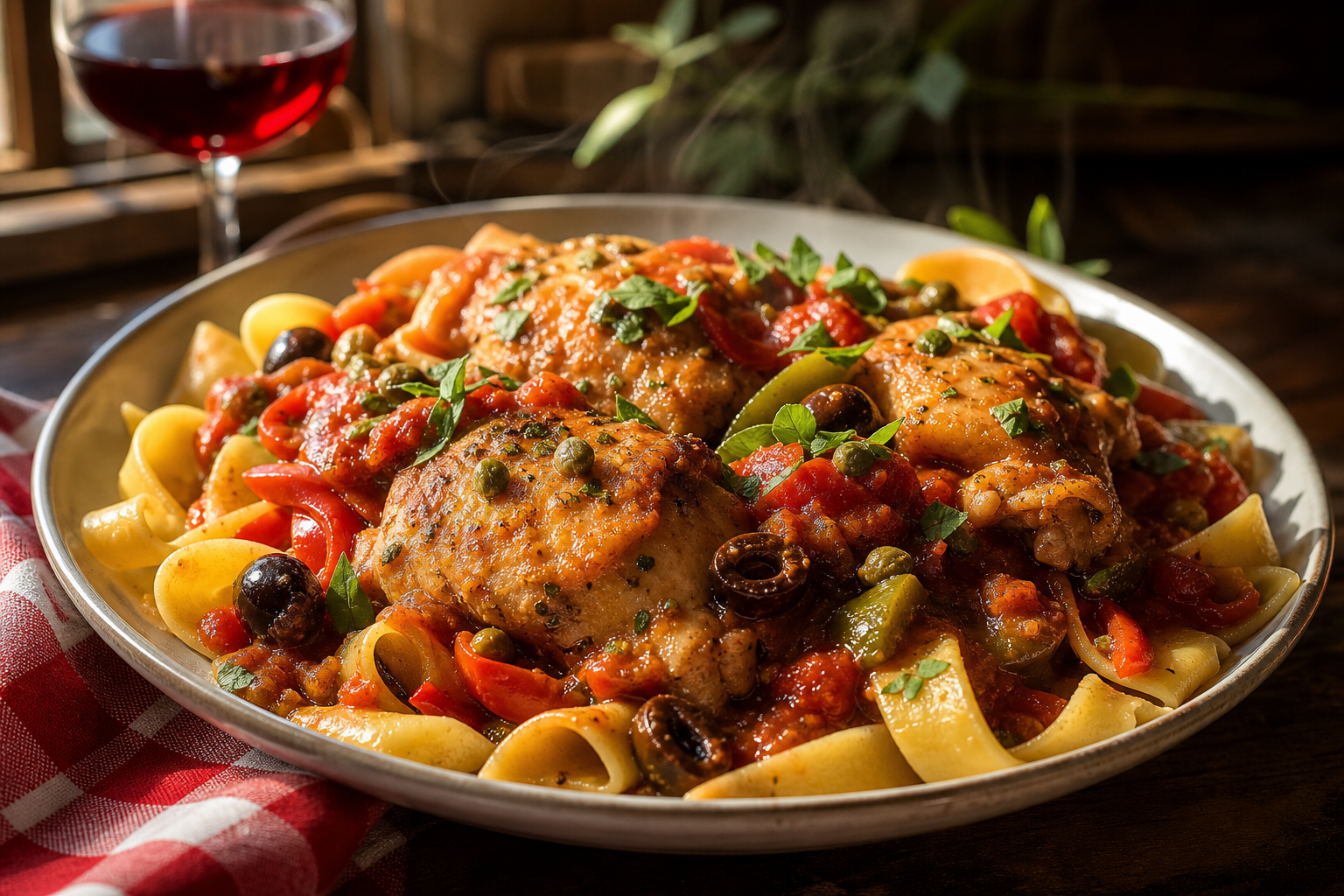 Slow cooker chicken cacciatore with tomato sauce and olives over pappardelle pasta
