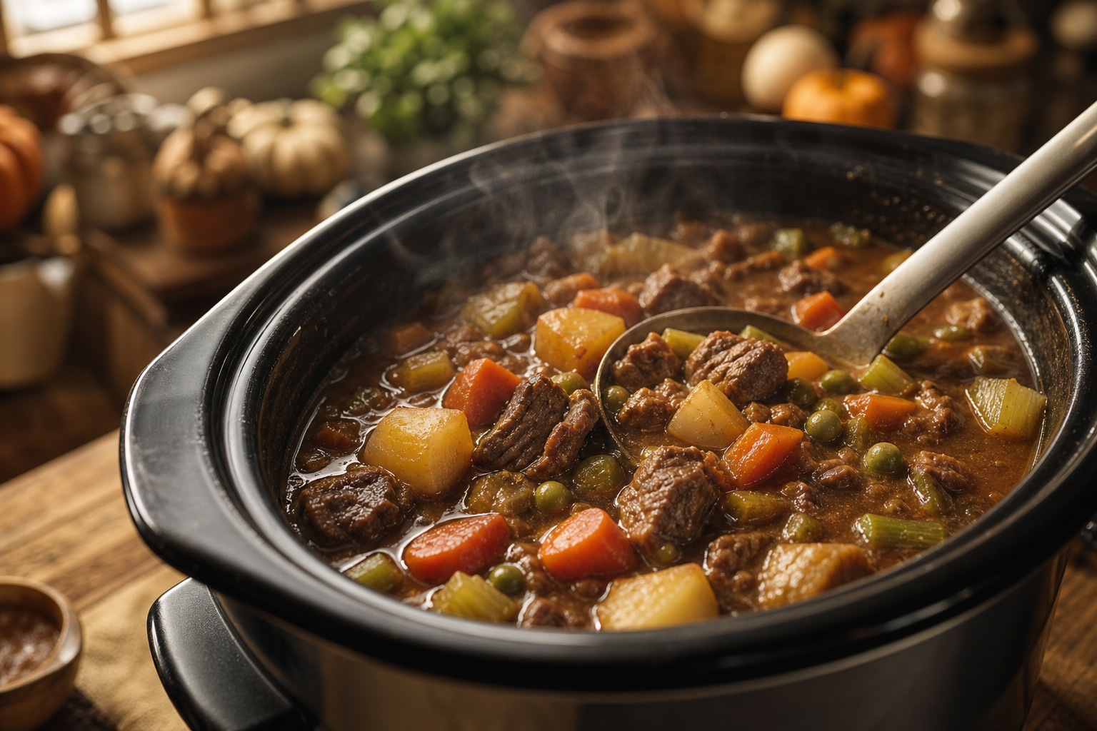 Hearty slow cooker beef and vegetable stew with thick broth in a large slow cooker