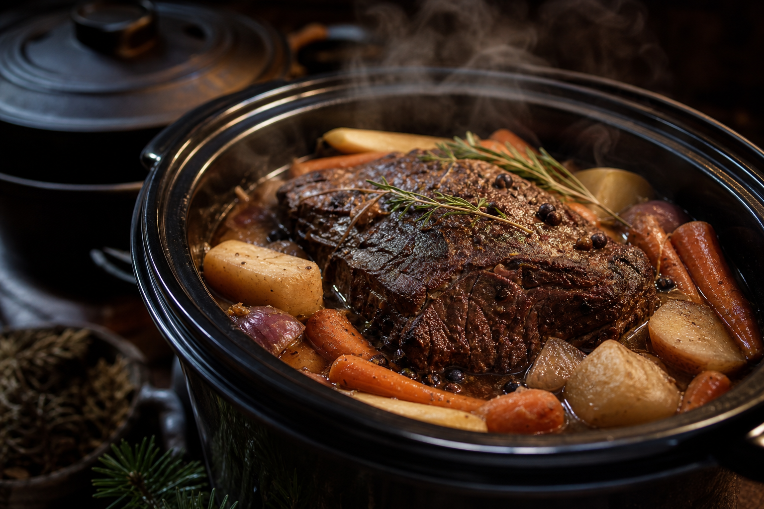 Slow cooker venison pot roast with root vegetables in red wine braise in a rustic kitchen