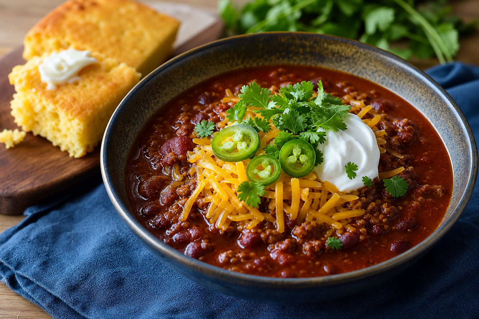 Slow cooker beef chili in a bowl topped with cheddar cheese, sour cream, and jalapeños