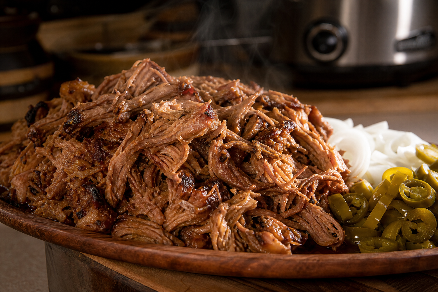 Heaping platter of slow cooker pulled pork with pickled jalapeños and onions