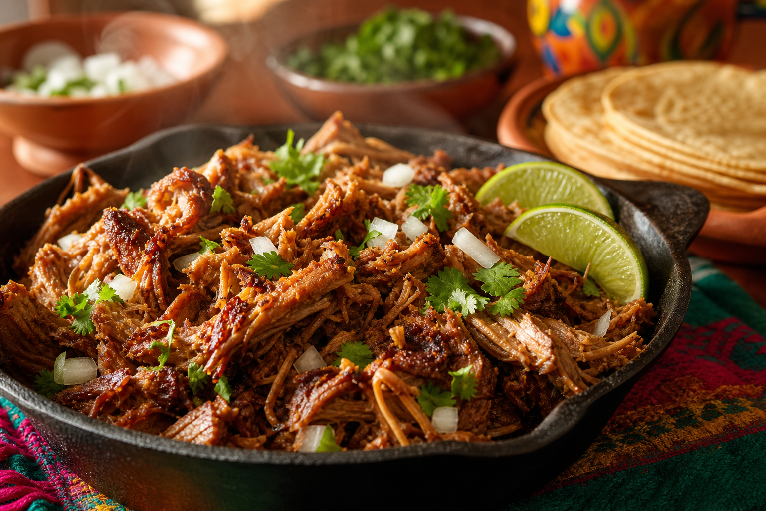 Crispy slow cooker pork carnitas in a cast iron skillet with lime wedges and corn tortillas