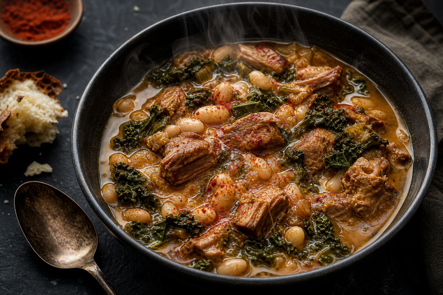Slow cooker pork and white bean stew with kale in a deep ceramic bowl