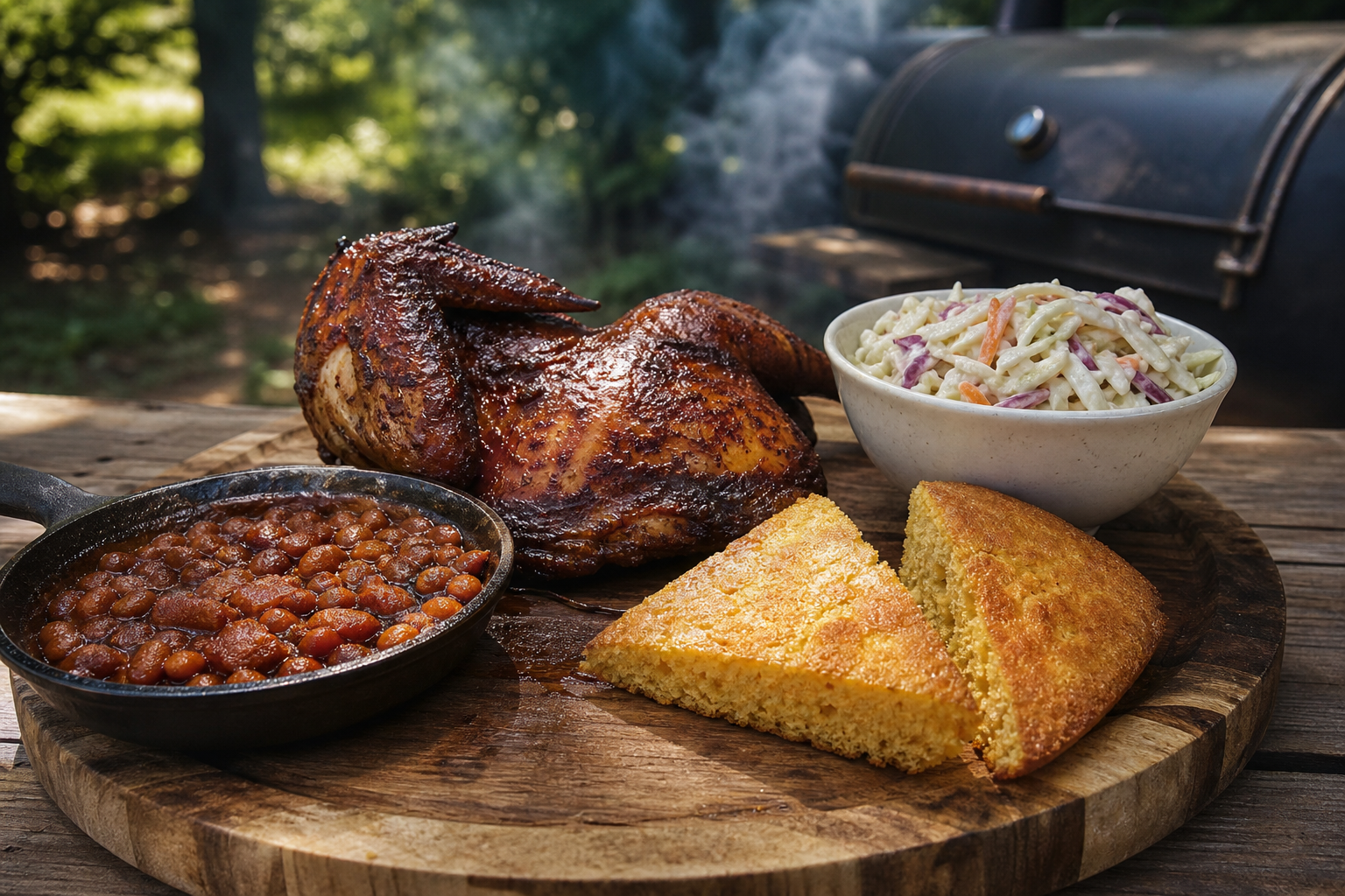 12 Smoked Chicken Serving Ideas 14 Half smoked chicken on a wooden board with baked beans, coleslaw, and cornbread