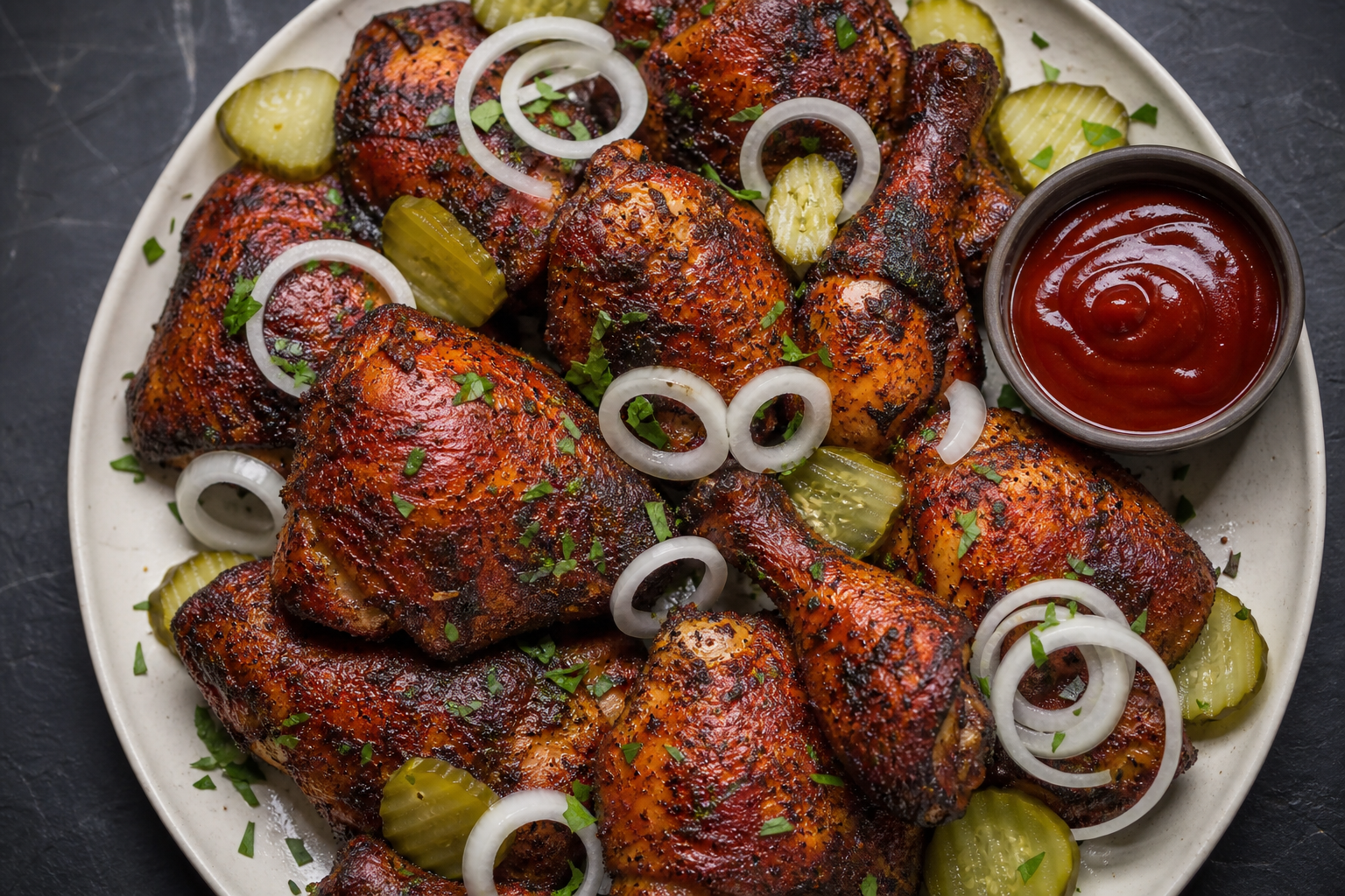 12 Smoked Chicken Serving Ideas 15 Smoked chicken thighs and drumsticks on a white plate with pickles and BBQ sauce