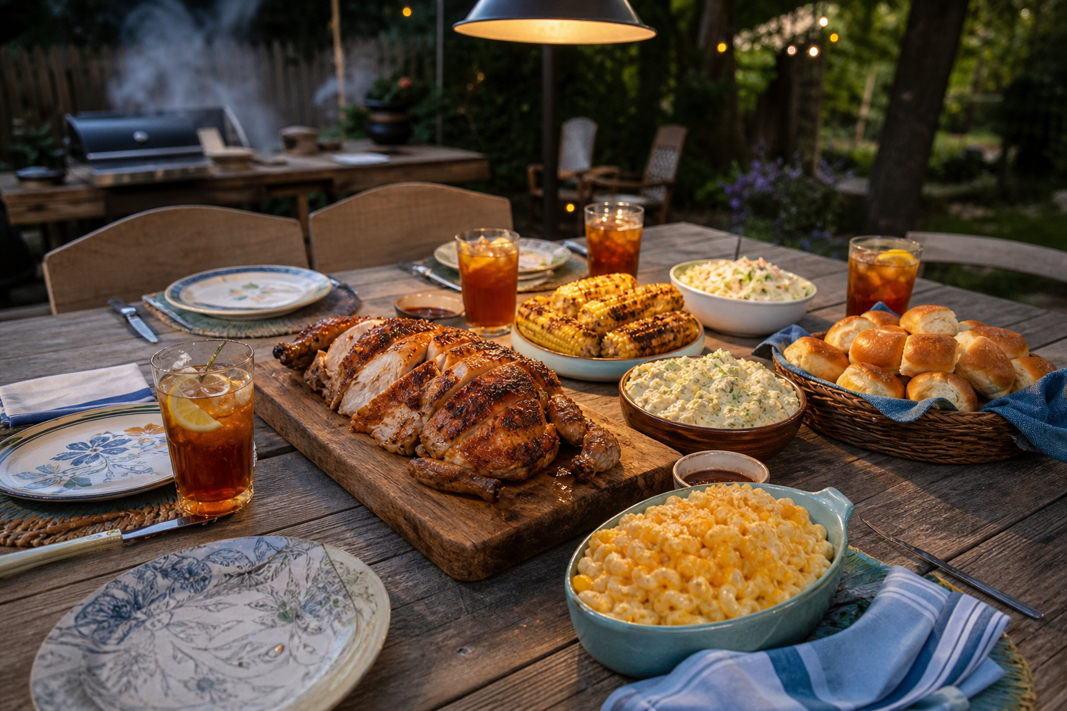 12 Smoked Chicken Serving Ideas 16 Whole smoked chicken on carving board surrounded by mac and cheese, corn, and potato salad