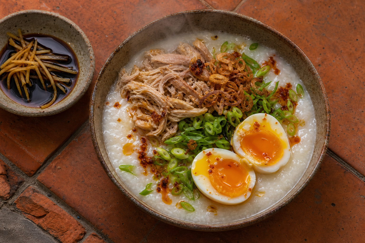 12 Smoked Chicken Serving Ideas 24 Smoked chicken congee with soft egg, crispy shallots, chili oil, and scallions in a ceramic bowl