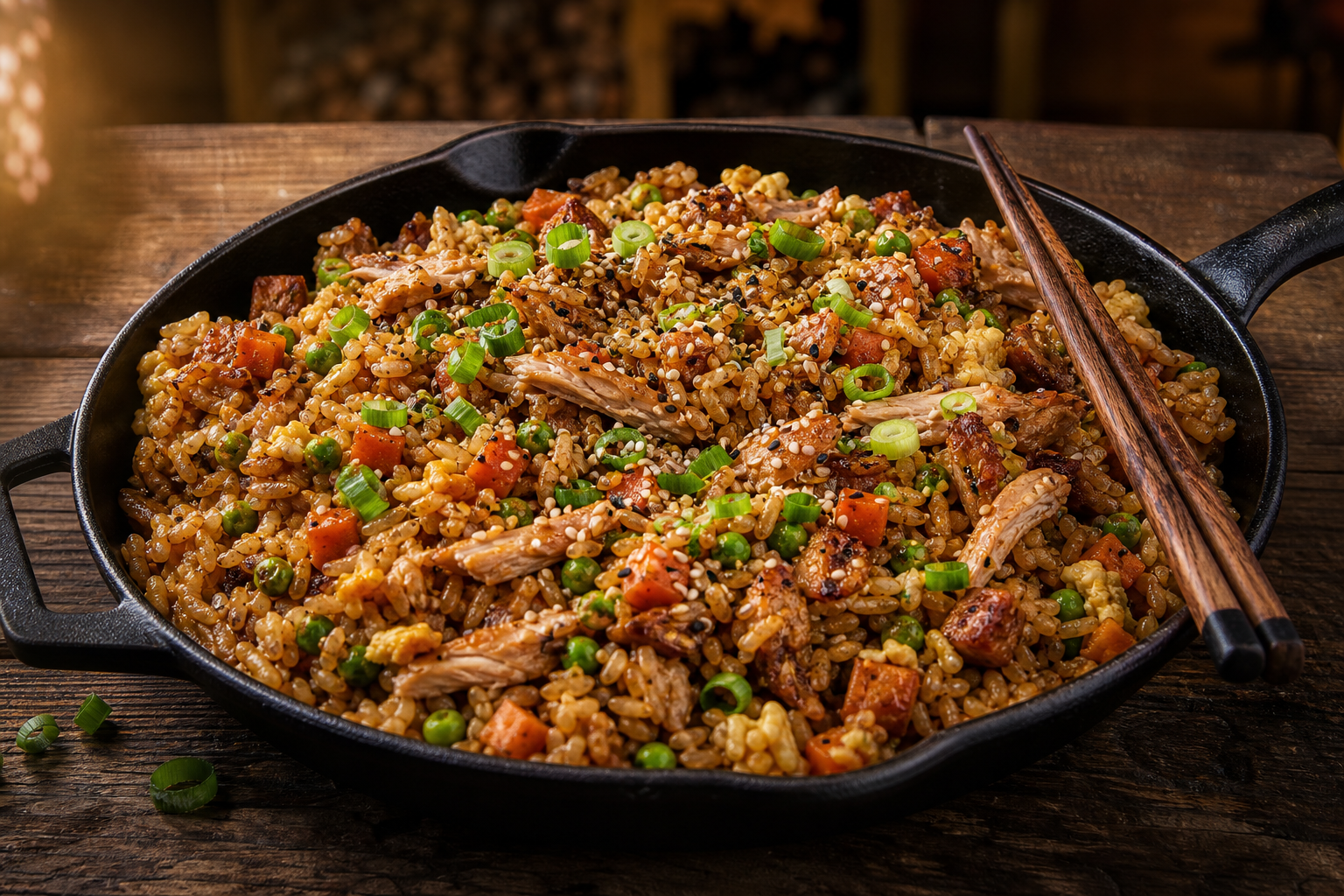 12 Smoked Chicken Serving Ideas 25 Smoked chicken fried rice in a cast iron skillet with egg, vegetables, and soy glaze