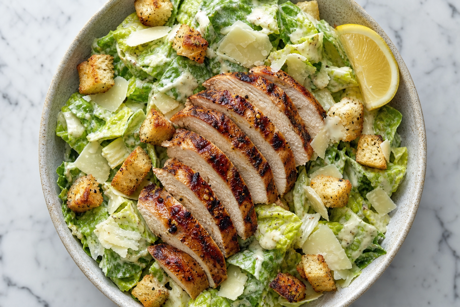 12 Smoked Chicken Serving Ideas 20 Smoked chicken Caesar salad in a ceramic bowl with Parmesan, croutons, and lemon wedge