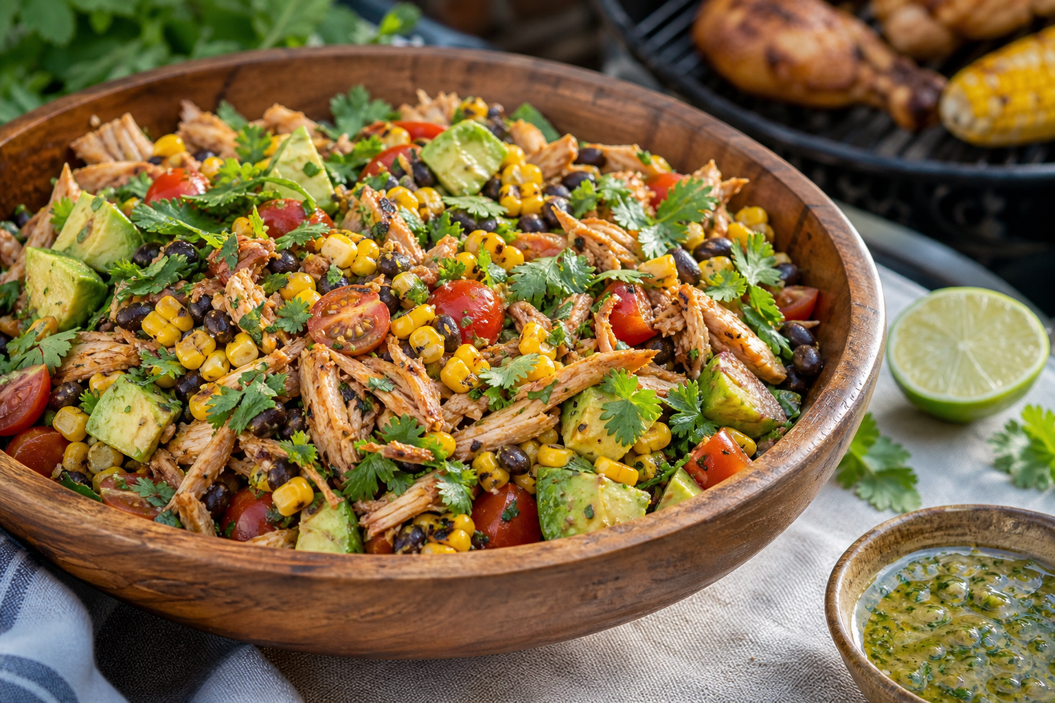 12 Smoked Chicken Serving Ideas 21 Smoked chicken salad with charred corn, avocado, black beans, and cilantro in a wooden bowl