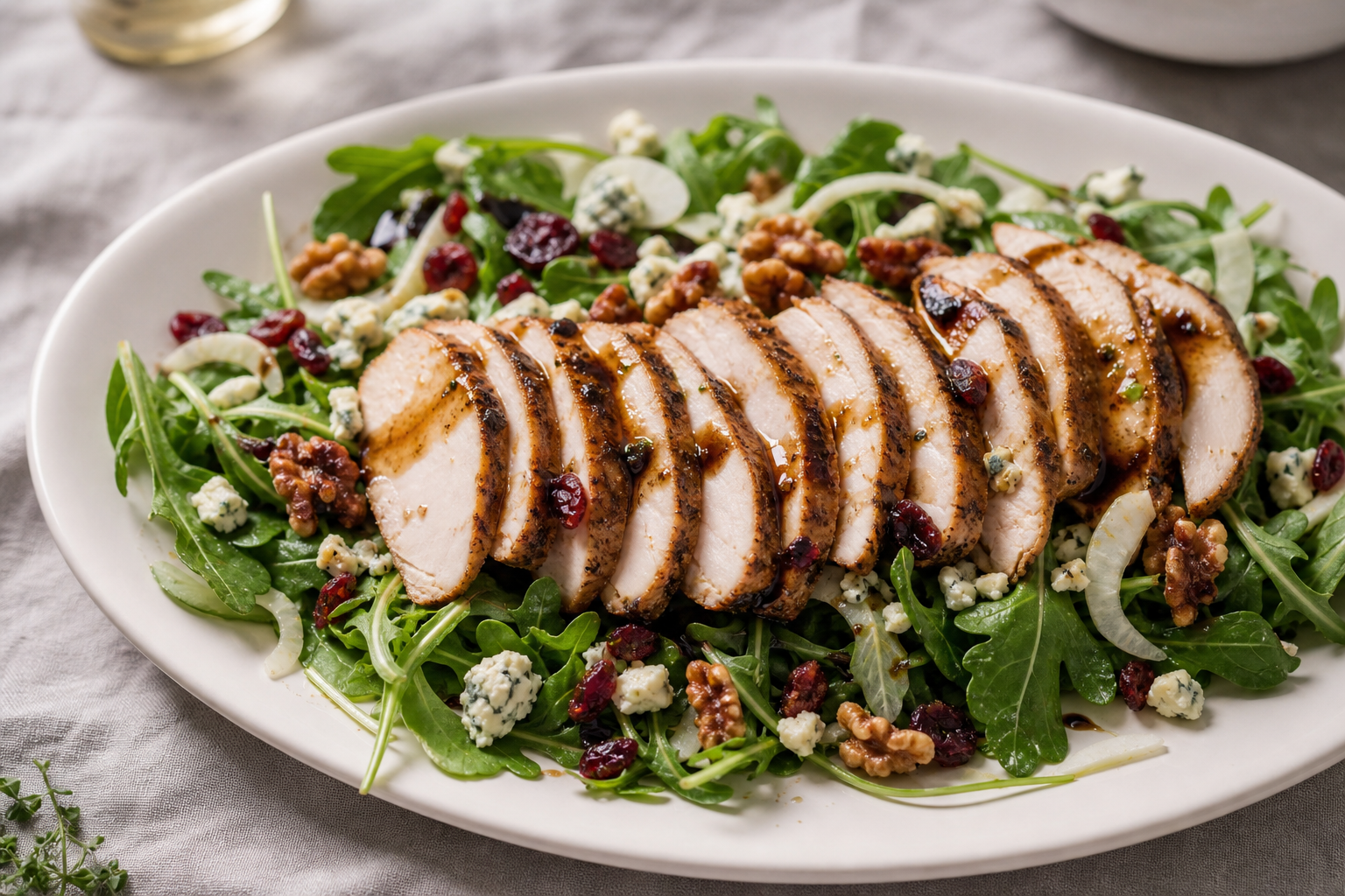 12 Smoked Chicken Serving Ideas 22 Sliced smoked chicken on arugula with shaved fennel, walnuts, cranberries, and blue cheese