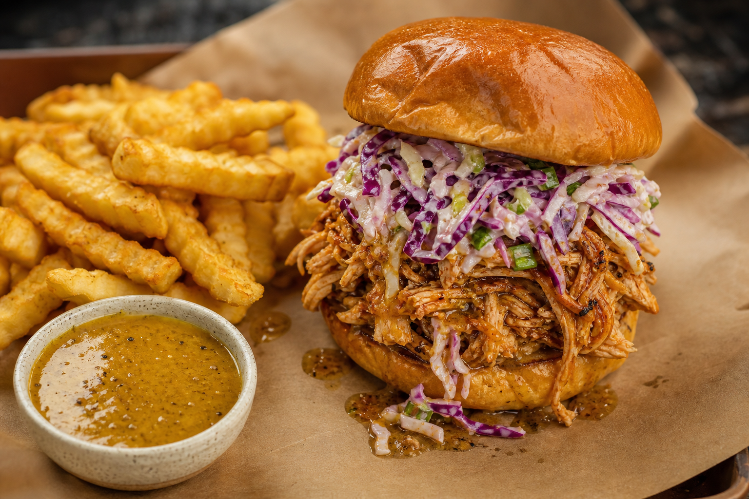 12 Smoked Chicken Serving Ideas 17 Tall pulled smoked chicken sandwich on brioche bun with coleslaw and crinkle fries