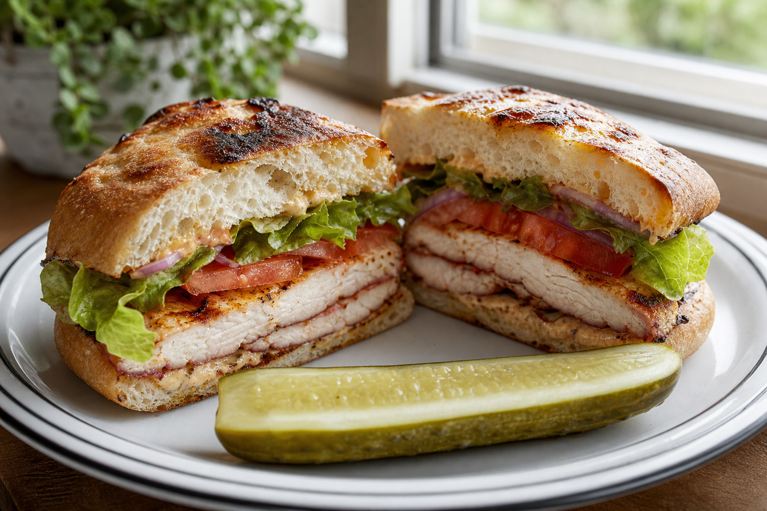 12 Smoked Chicken Serving Ideas 18 Smoked chicken breast sandwich on ciabatta sliced in half showing smoke ring and layers