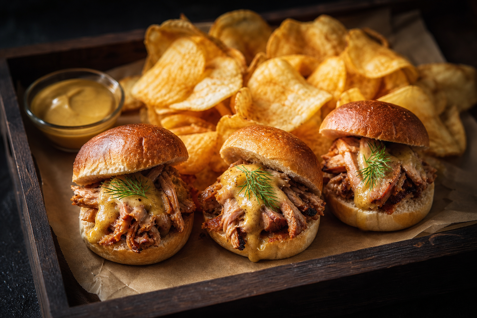 12 Smoked Chicken Serving Ideas 19 Three smoked chicken sliders on potato rolls with honey mustard on a dark wooden tray