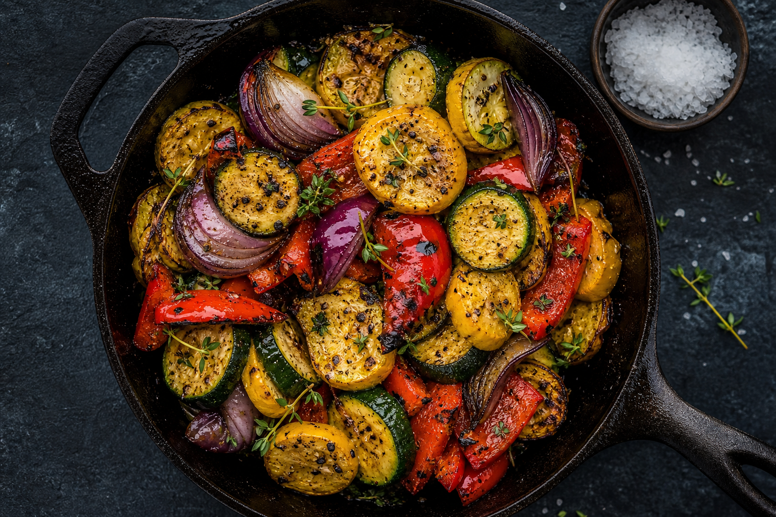 15 Smoker Side Dish Ideas That Pair with Everything 18 Cast iron skillet of smoked mixed vegetables with char marks and fresh thyme