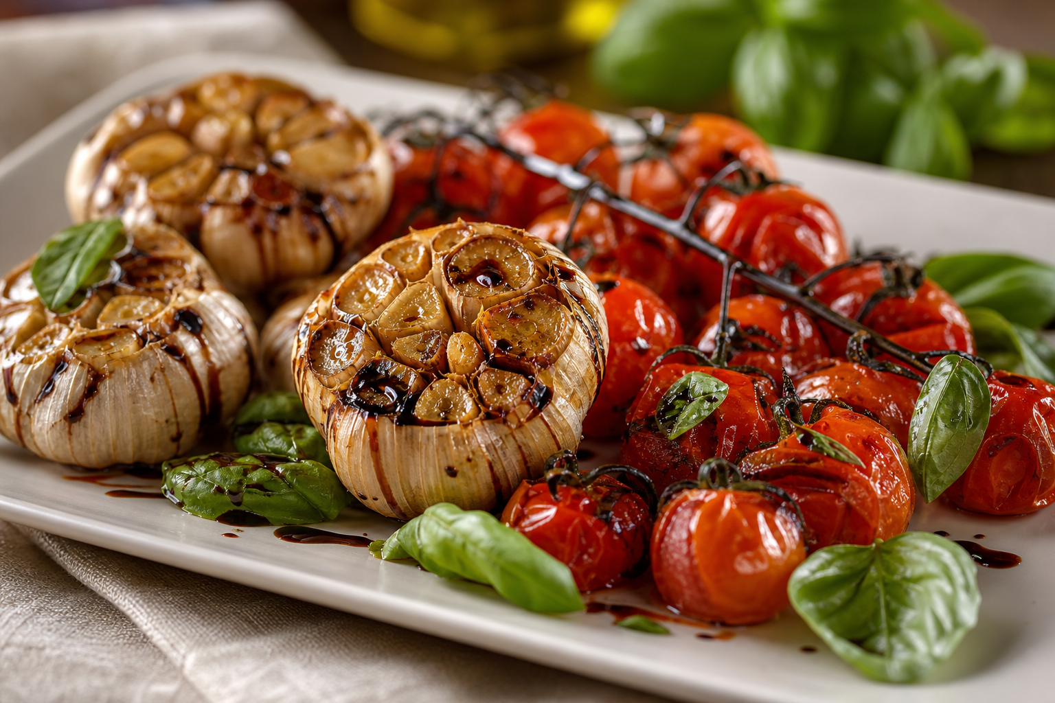 15 Smoker Side Dish Ideas That Pair with Everything 19 Smoked whole garlic heads and blistered cherry tomatoes with balsamic glaze on a white plate