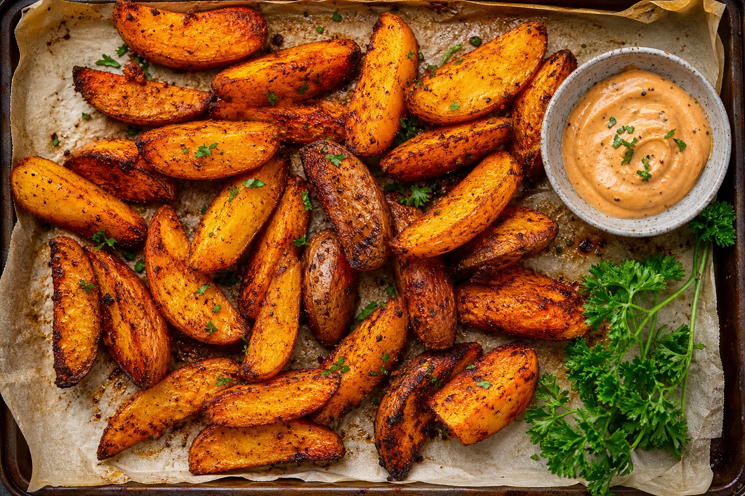 15 Smoker Side Dish Ideas That Pair with Everything 21 Smoked potato wedges with paprika seasoning on a sheet pan with chipotle dipping sauce