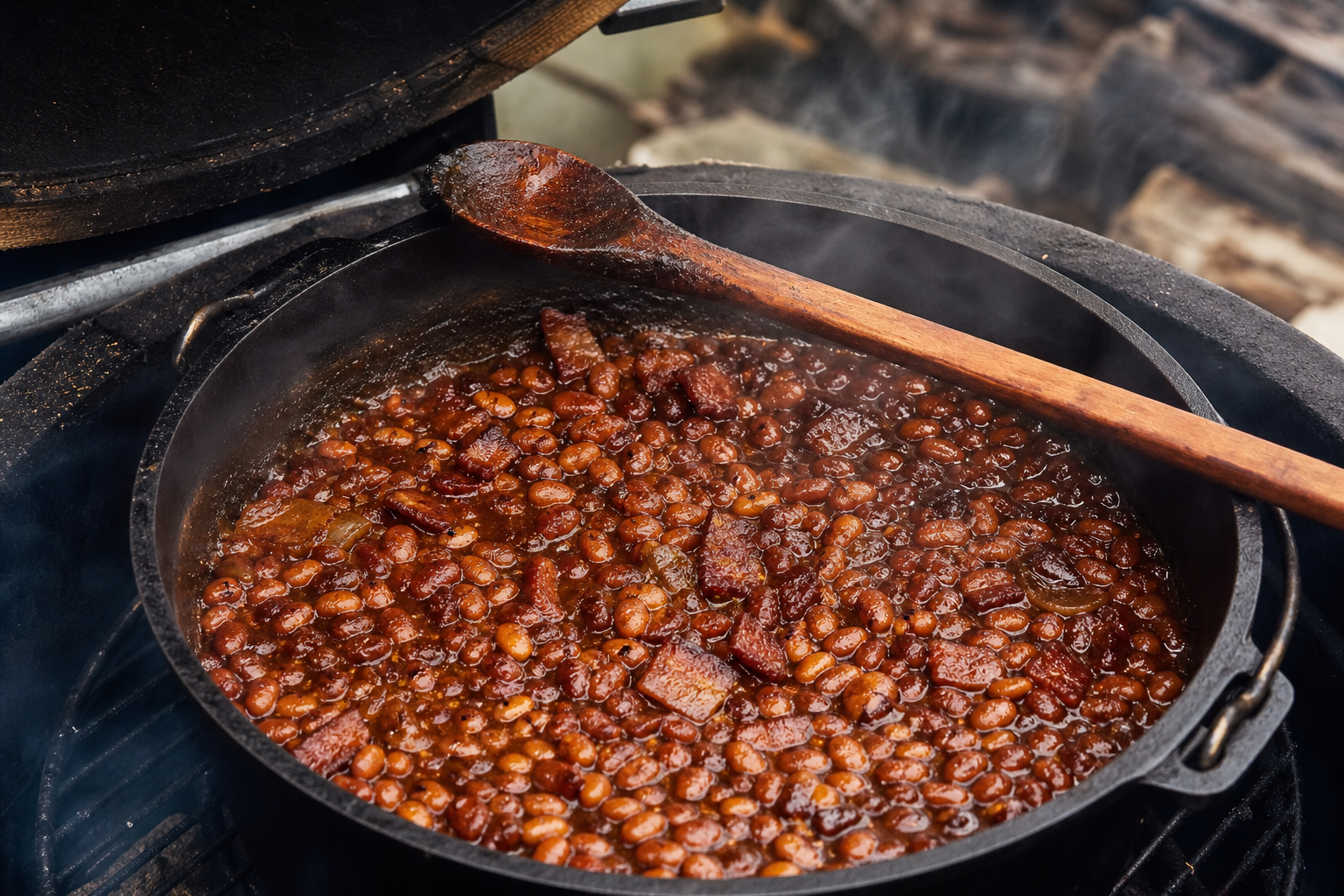15 Smoker Side Dish Ideas That Pair with Everything 23 Cast iron Dutch oven of smoky baked beans with bacon and molasses glaze in a smoker