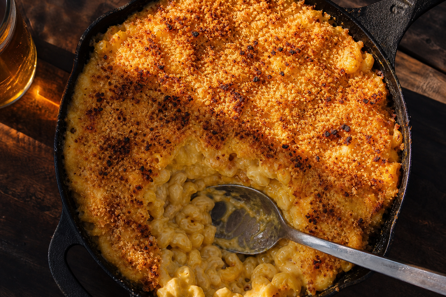 15 Smoker Side Dish Ideas That Pair with Everything 24 Smoked mac and cheese in a cast iron skillet with golden bubbly crust and breadcrumb topping