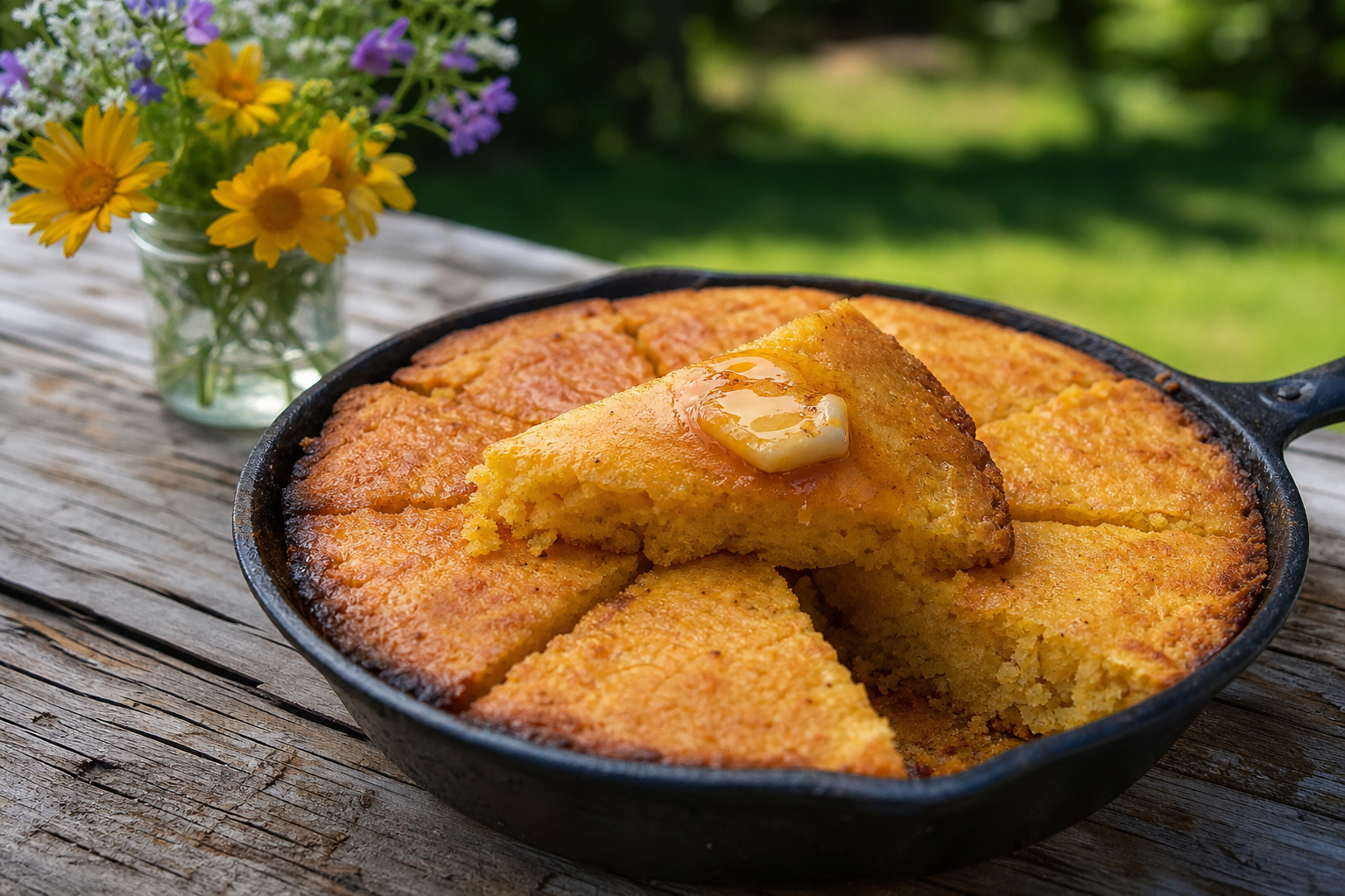 15 Smoker Side Dish Ideas That Pair with Everything 25 Smoked cornbread in a cast iron skillet sliced into wedges with honey butter melting on top