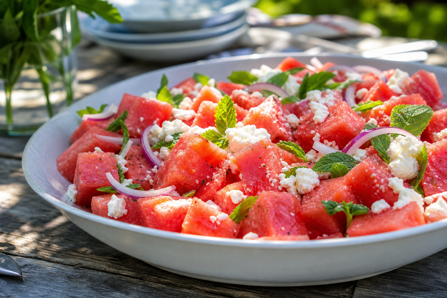 15 Smoker Side Dish Ideas That Pair with Everything 27 Watermelon and feta salad with mint red onion and lime in a shallow serving bowl outdoors