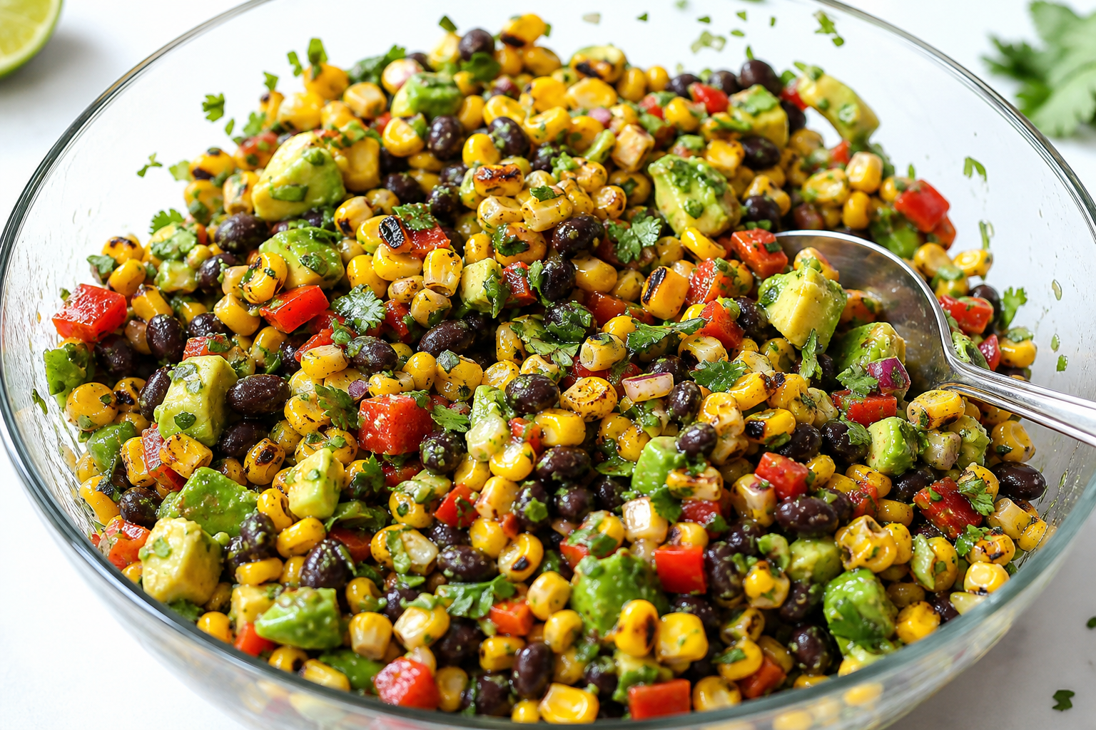 15 Smoker Side Dish Ideas That Pair with Everything 28 Fresh corn and black bean salad with avocado cilantro and lime cumin vinaigrette in a glass bowl