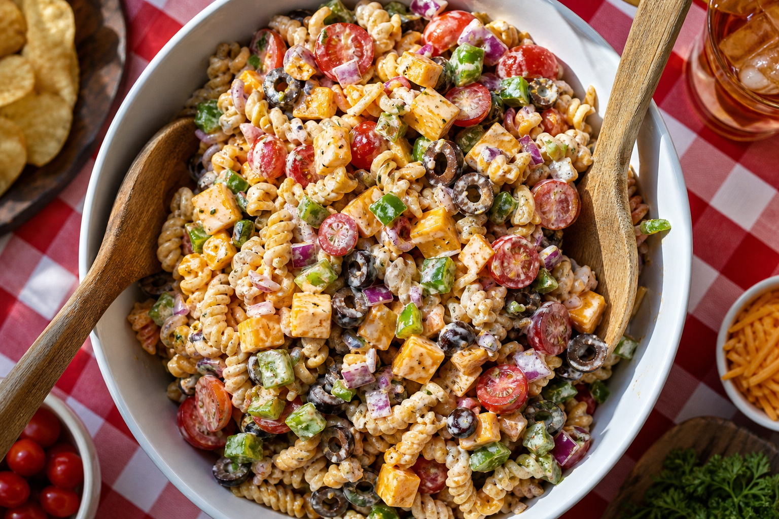 15 Smoker Side Dish Ideas That Pair with Everything 29 BBQ pasta salad with rotini cheddar cherry tomatoes and BBQ ranch dressing on a picnic table