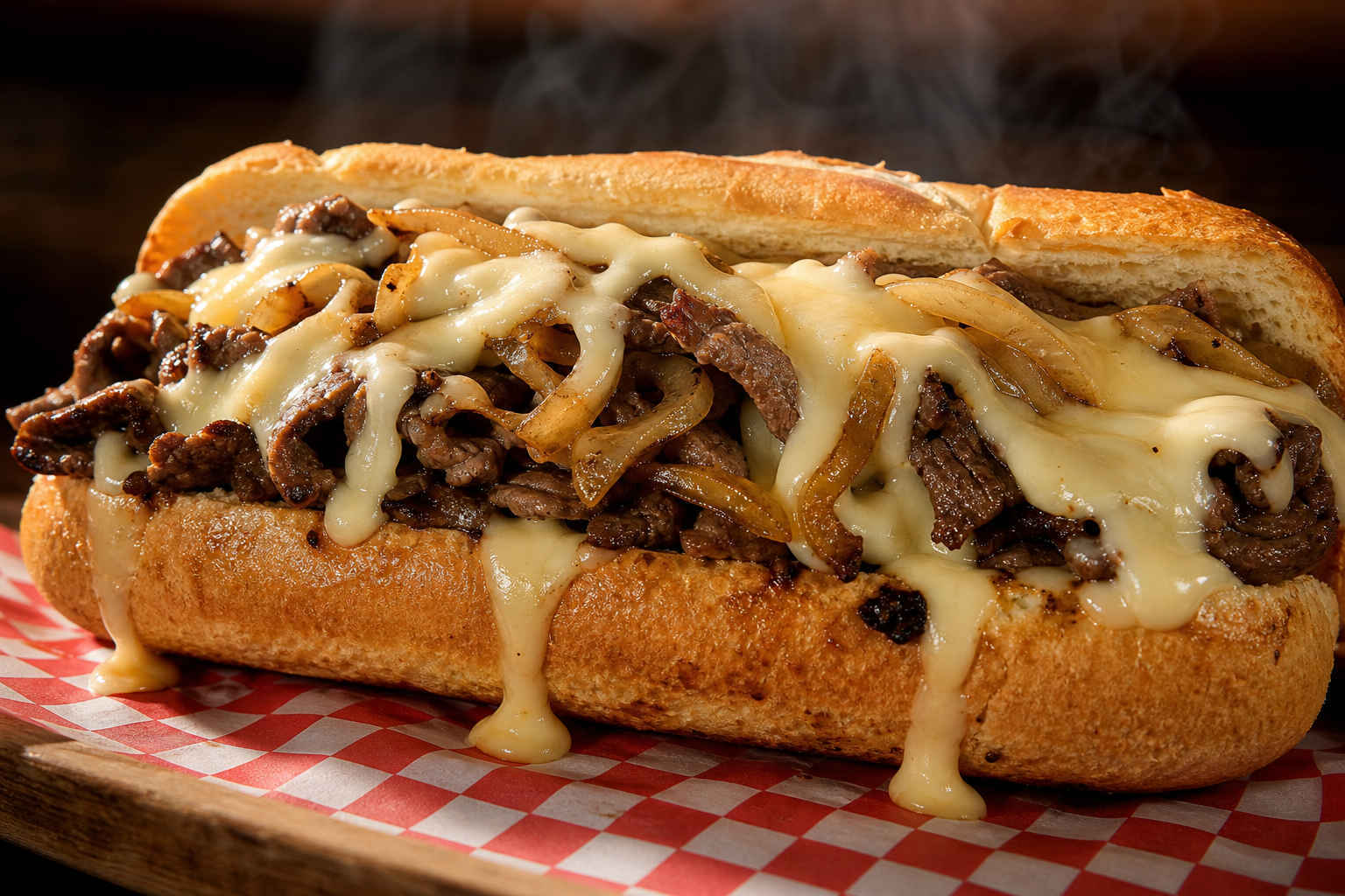 Classic Philly cheesesteak on hoagie roll with shaved ribeye sautéed onions and cheese sauce