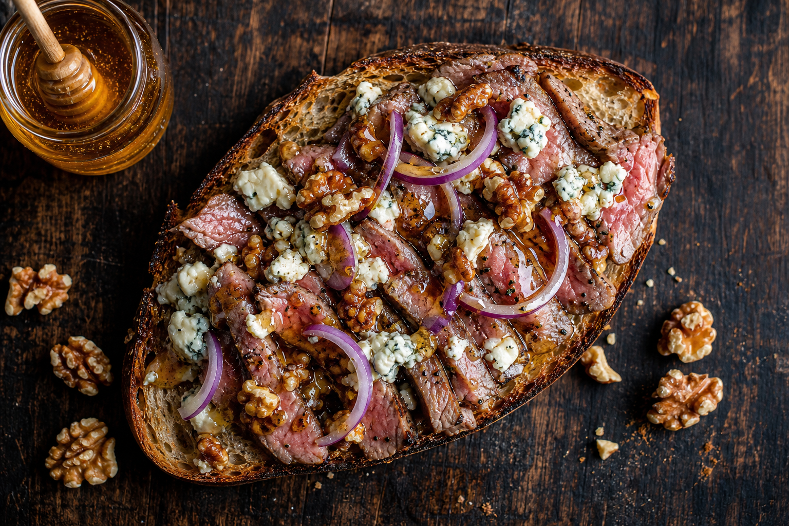 Blue cheese steak sandwich on sourdough with candied walnuts honey drizzle and red onion