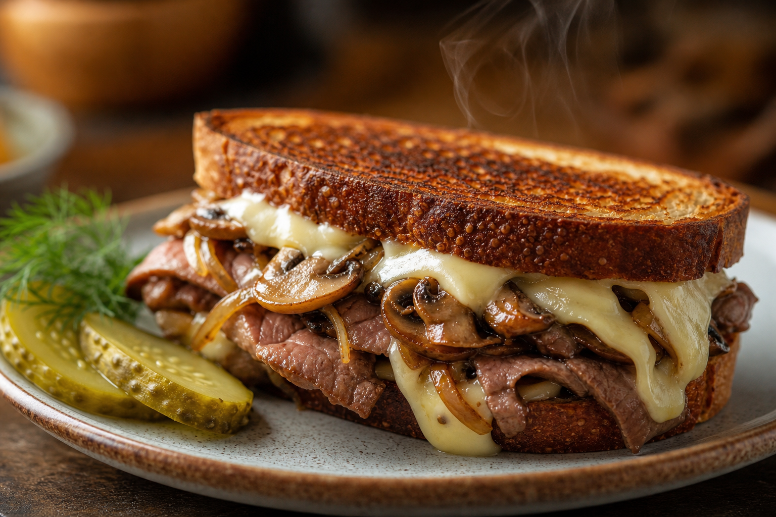 Steak melt on griddled rye bread with Swiss cheese mushrooms onions and golden crust