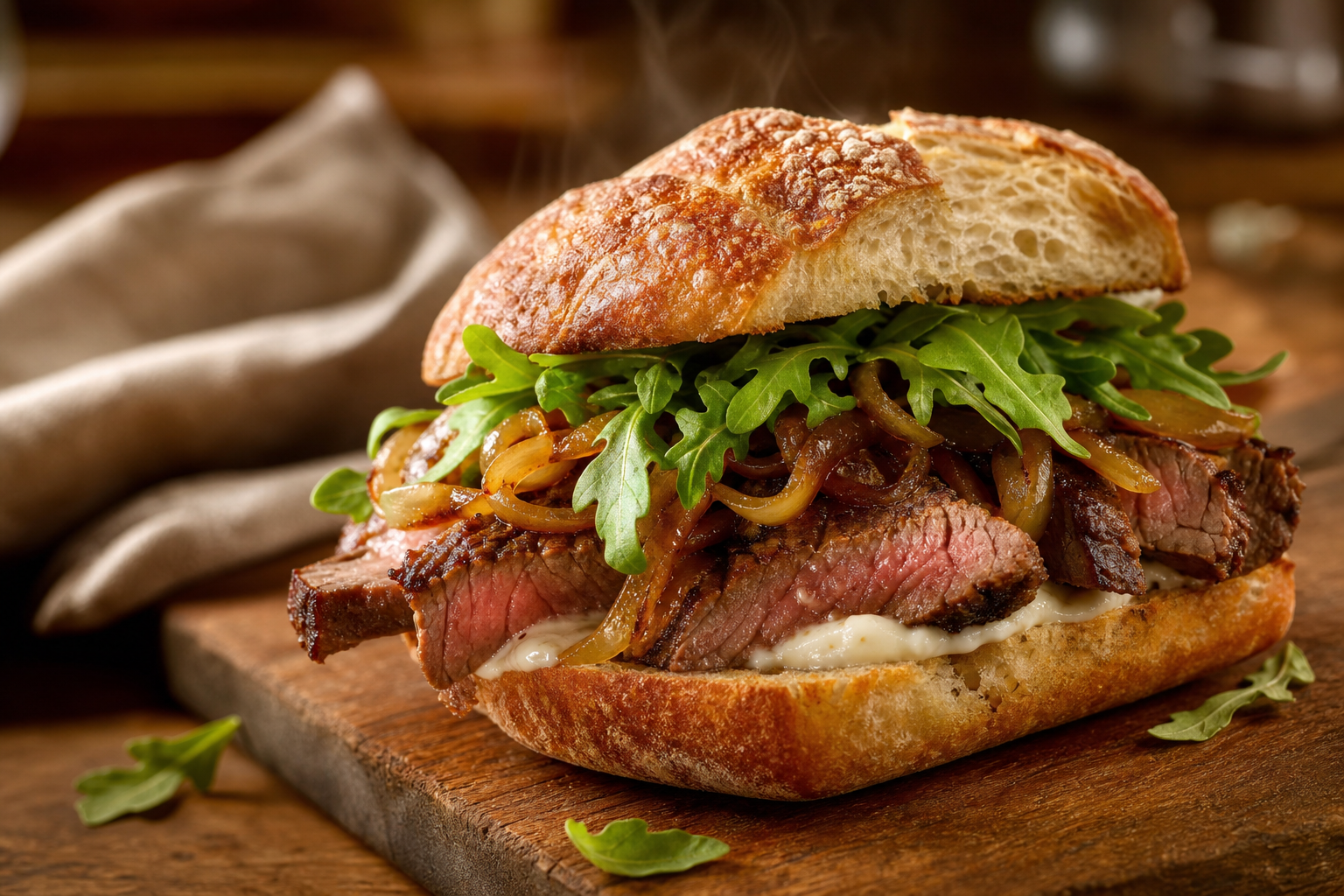 Sliced sirloin steak sandwich on toasted ciabatta with caramelized onions and horseradish cream