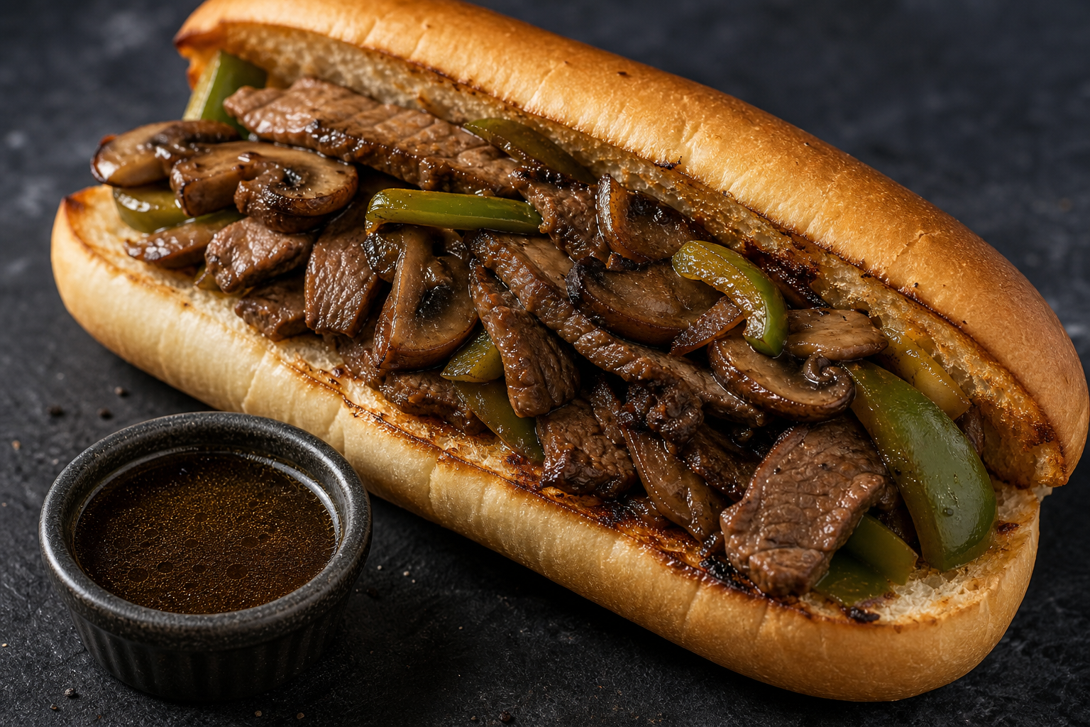 Classic flank steak sub sandwich on hoagie roll with peppers mushrooms and au jus dipping sauce