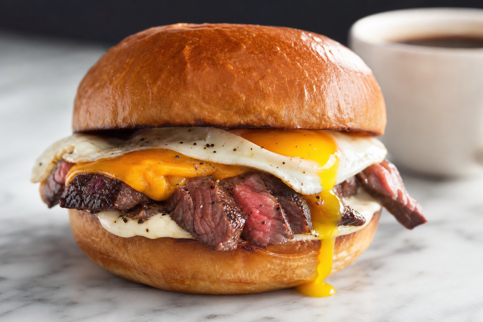 Steak and egg breakfast sandwich on brioche bun with runny egg strip steak and garlic aioli