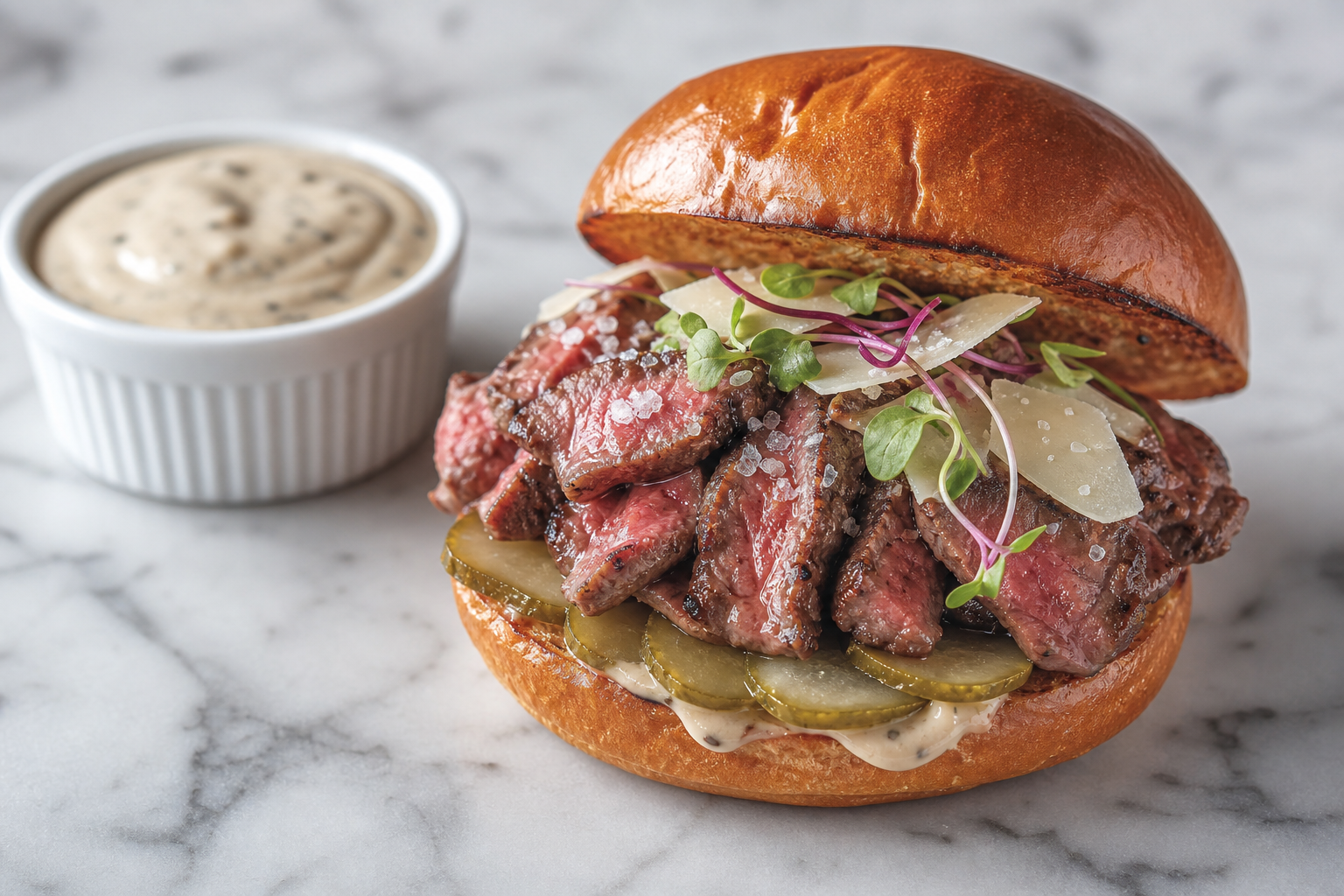 Wagyu steak sandwich on brioche bun with truffle aioli shaved parmesan and microgreens