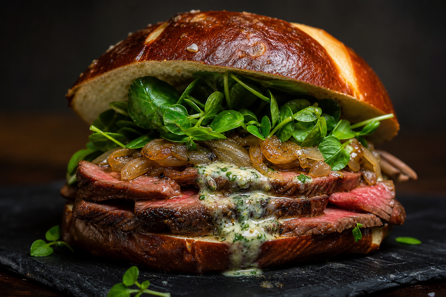 Sous vide ribeye steak sandwich on pretzel roll with herb compound butter caramelized shallots and watercress