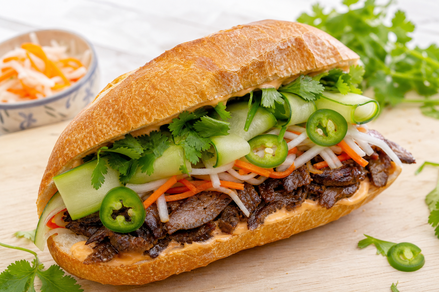 Vietnamese banh mi steak sandwich on crispy baguette with pickled vegetables jalapeño and cilantro