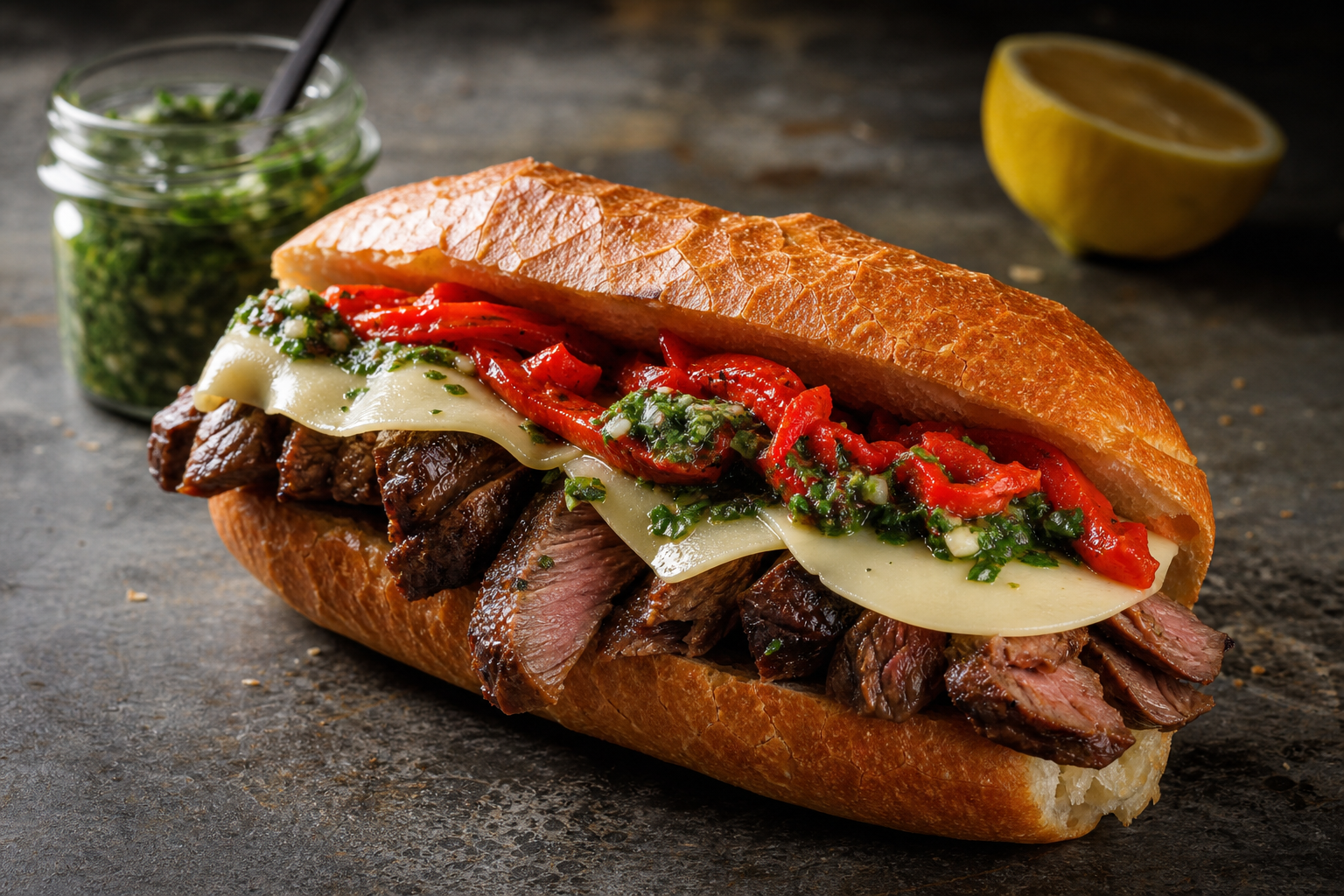Argentine steak sandwich on crusty roll with chimichurri sauce roasted peppers and provolone