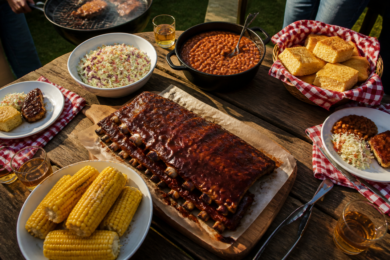 Complete BBQ menu with ribs, corn, coleslaw, and beans on picnic table