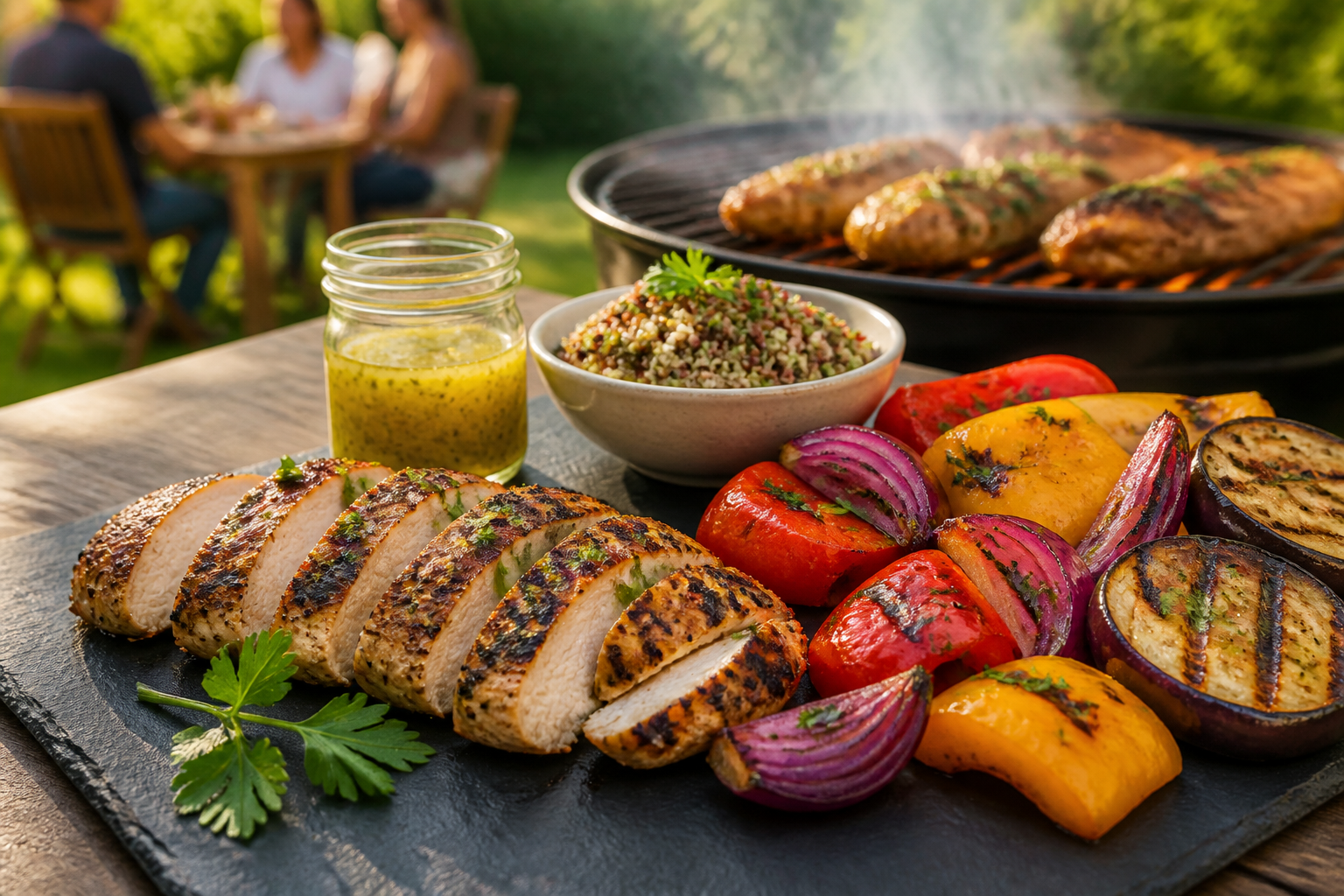 Healthy grilled chicken menu with colorful vegetables and quinoa salad