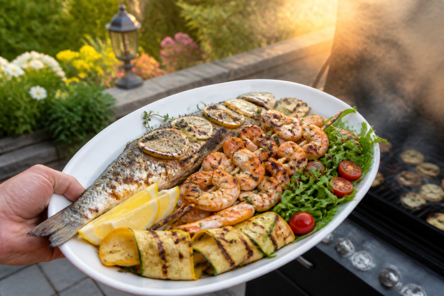 Healthy grilled seafood menu with branzino, shrimp, and grilled vegetables