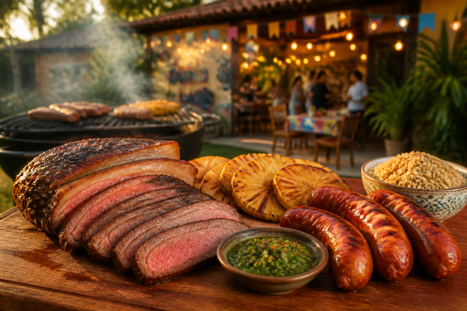 Brazilian churrasco menu with picanha steak, sausages, and grilled pineapple