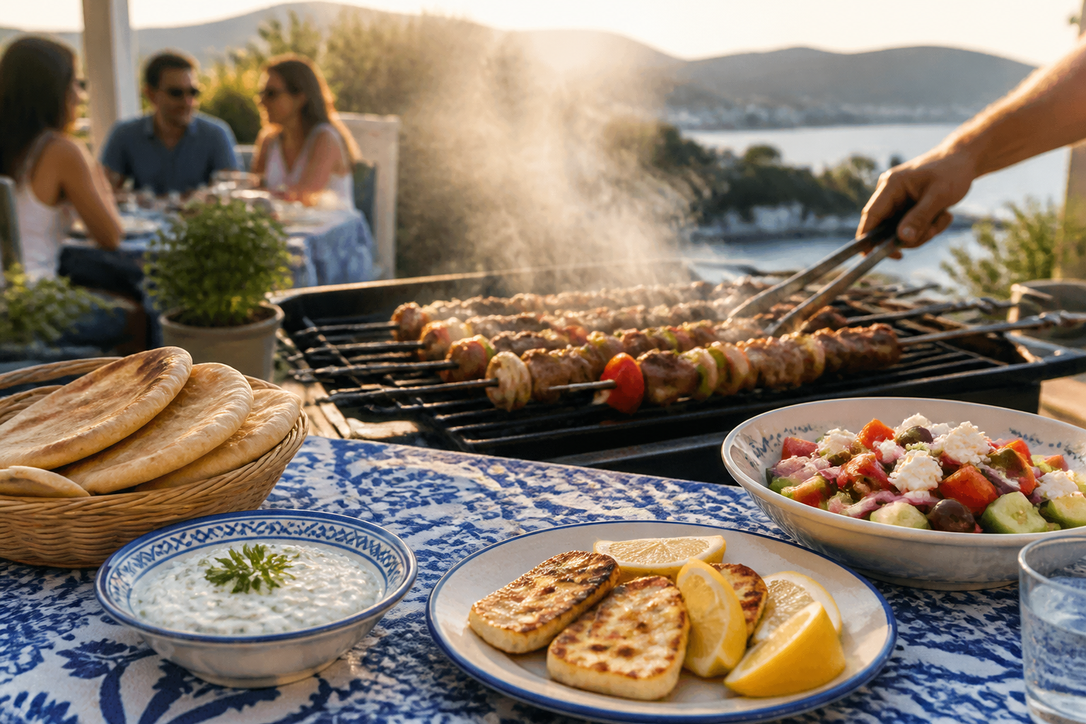 Greek grill menu with lamb kebabs, halloumi, pita, and tzatziki