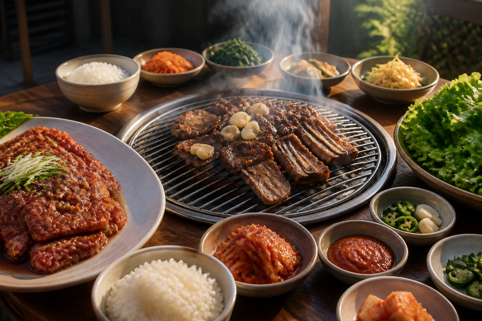 Korean BBQ menu with bulgogi, short ribs, lettuce wraps, and banchan
