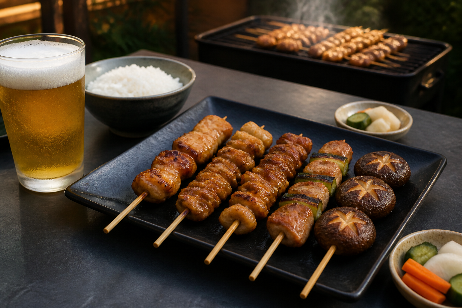 Japanese yakitori grill menu with assorted skewers and pickled vegetables