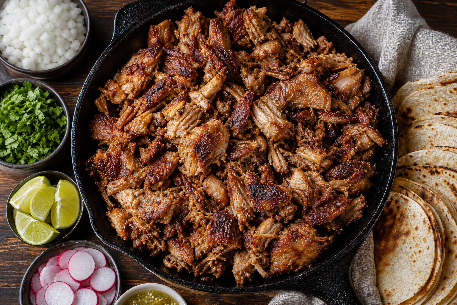 15 Taco Bar Ideas for Feeding a Crowd 23 Crispy pork carnitas in cast iron skillet surrounded by taco toppings and corn tortillas
