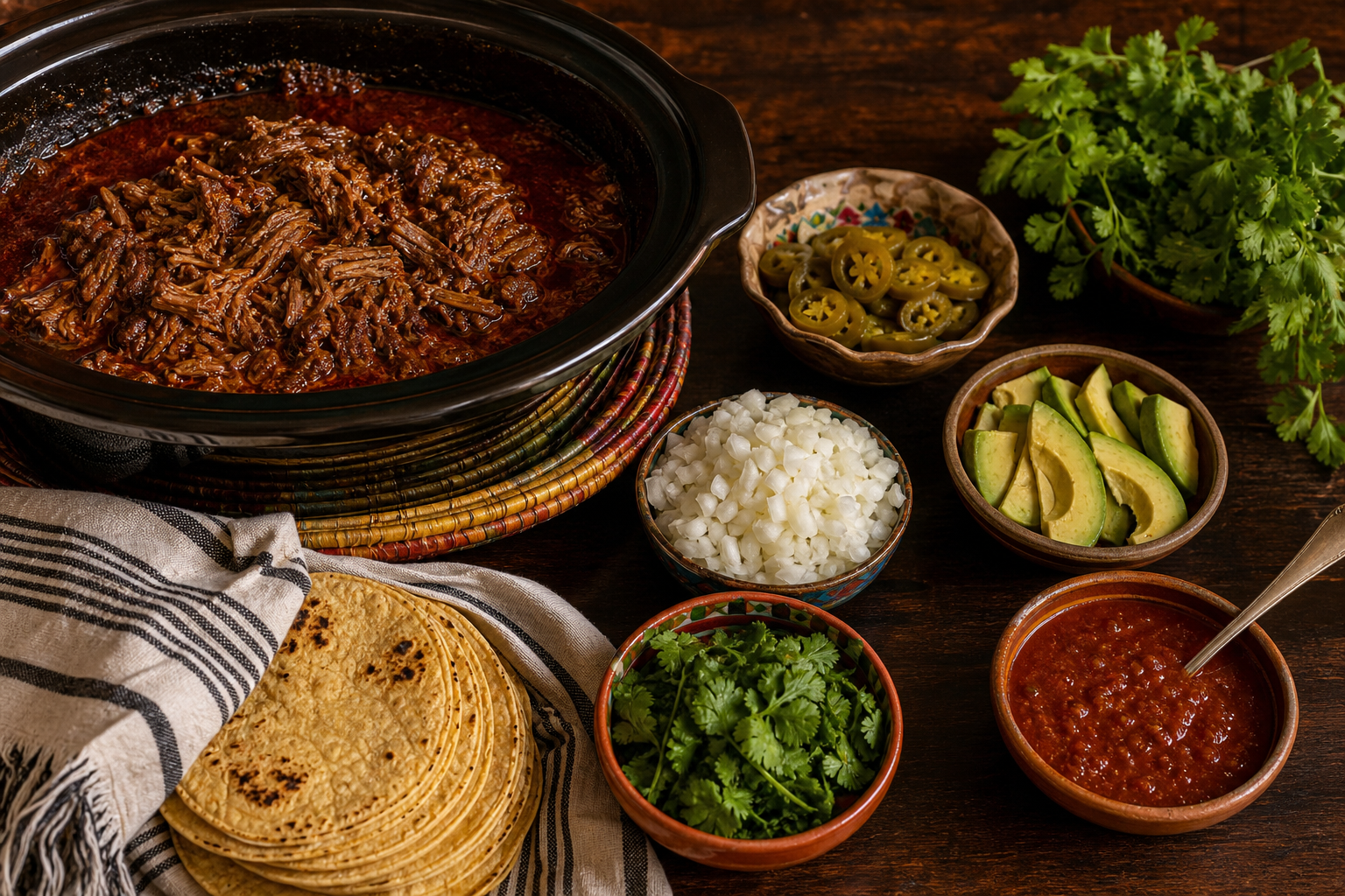 15 Taco Bar Ideas for Feeding a Crowd 24 Slow cooker beef barbacoa taco bar with pickled jalapeños and red salsa on dark wooden table
