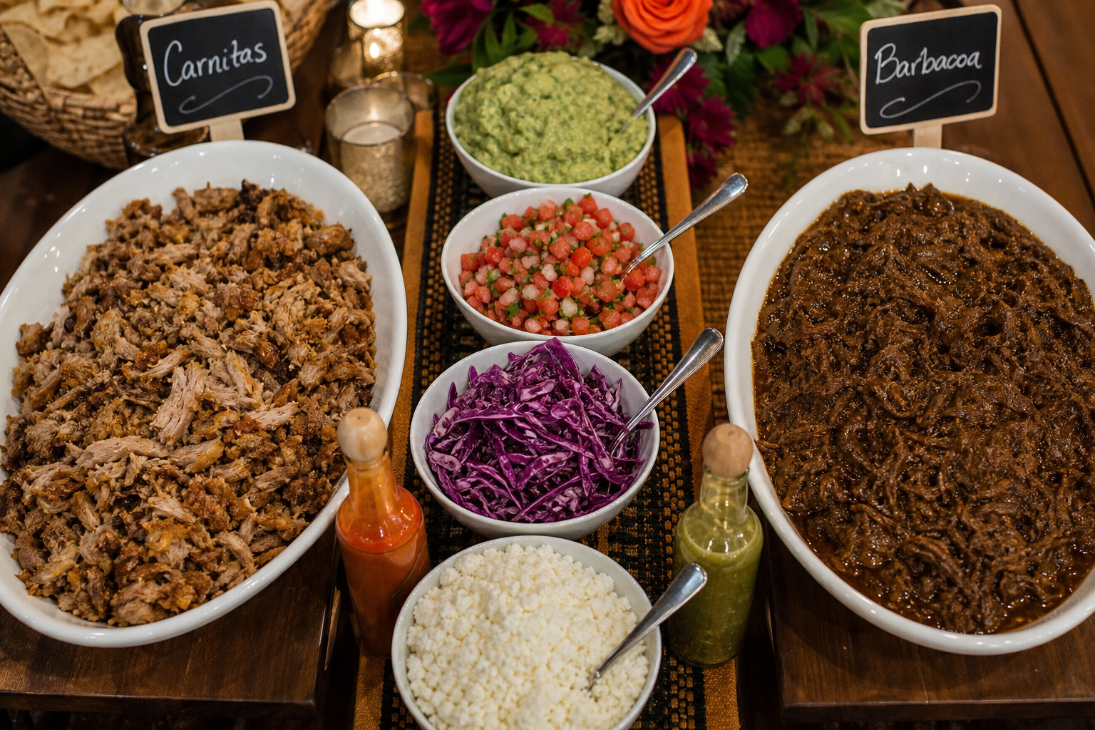15 Taco Bar Ideas for Feeding a Crowd 25 Dual taco bar station with carnitas on one side and beef barbacoa on other with shared toppings