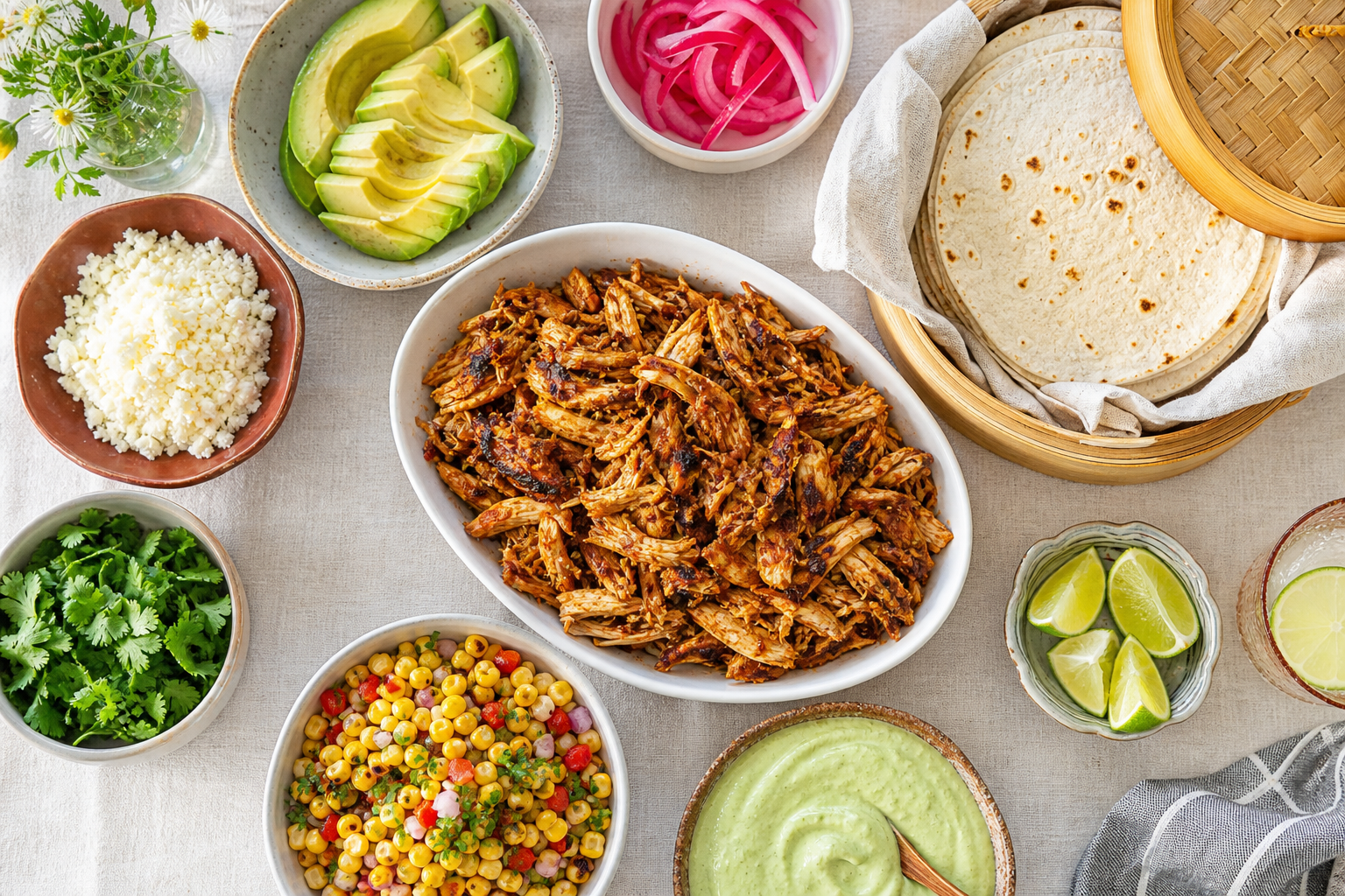 15 Taco Bar Ideas for Feeding a Crowd 20 Overhead view of chipotle shredded chicken taco bar with colorful toppings on linen tablecloth