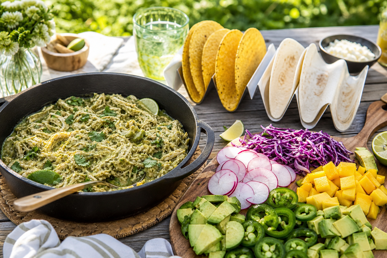 15 Taco Bar Ideas for Feeding a Crowd 21 Outdoor taco bar with salsa verde chicken in cast iron pan and colorful toppings on picnic table