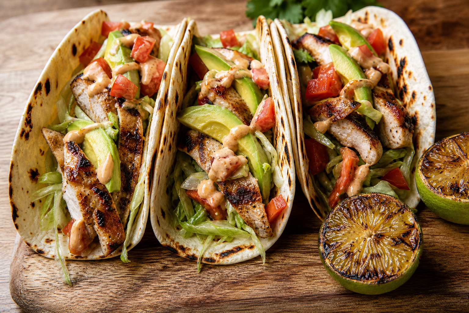 15 Taco Bar Ideas for Feeding a Crowd 22 Three grilled chicken tacos on charred flour tortillas with avocado and chipotle mayo on wooden board